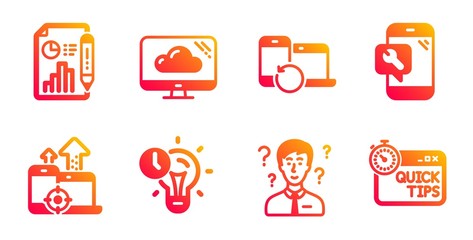 Support consultant, Report document and Recovery devices line icons set. Time management, Phone repair and Cloud storage signs. Seo devices, Quick tips symbols. Question mark, Growth chart. Vector