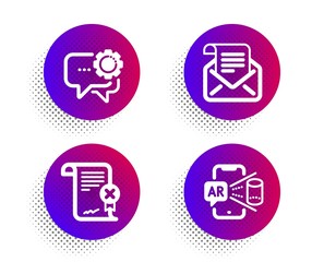 Reject certificate, Employees messenger and Mail newsletter icons simple set. Halftone dots button. Augmented reality sign. Decline file, Speech bubble, Open e-mail. Phone simulation. Vector