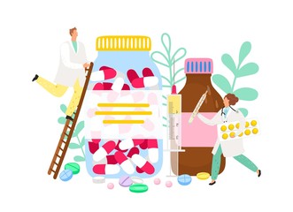 Pharmacist and drugs. Medicine industry vector illustration. Flat doctors characters. Pharmacy, pharmacology concept