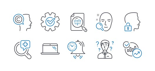 Set of Science icons, such as Cogwheel, Unlock system, Writer, Laptop, Time management, Face search, Medical analyzes, Analytics chart, Support consultant, Statistics line icons. Vector