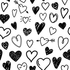 Black sketch hearts pattern. Beautiful love seamless pattern with heart and arrow, cartoon hipster beauty valentines day hand drawn texture graphic