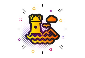 Beacon tower sign. Halftone circles pattern. Lighthouse icon. Searchlight building symbol. Classic flat lighthouse icon. Vector