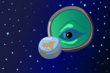 Vector Cartoon illustration concept of alien observation of the Earth and people. Cosmos, Earth, stars, a huge alien eye looks at the planet through a magnifying magnifier. Simple drawing style.