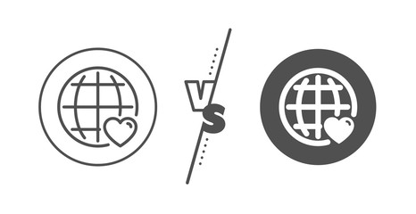 Heart with Globe symbol. Versus concept. International Love line icon. Valentines day sign. Line vs classic international Love icon. Vector