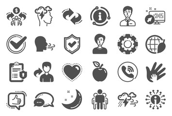Check mark, Sharing economy and Mindfulness stress, Breath people icons. Privacy Policy, Social Responsibility, Breath icons. Bad weather, Tick check mark, sharing refer, stress. Quality set. Vector