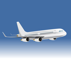 Obraz premium Airplane, white plane side view with isolated blue tone background, travel and transportation concept