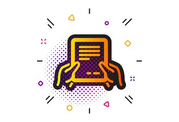 Agreement Text File sign. Halftone circles pattern. Hold Document icon. Contract with signature symbol. Classic flat receive file icon. Vector