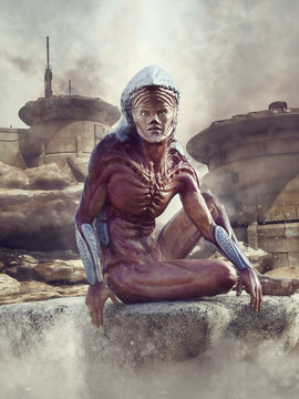 Fantasy scene with an alien man sitting in front of a futuristic desert outpost.  3D render. All elements in the image, including the model, are 3D objects.