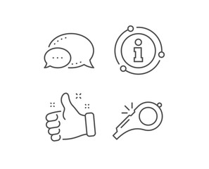 Whistle line icon. Chat bubble, info sign elements. Kick-off sign. Referee tool symbol. Linear whistle outline icon. Information bubble. Vector
