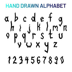 Vector set of lowercase latin letters and arabic numerals in gothic style. Black symbols isolated on white.