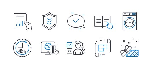 Set of Business icons, such as Shield, Washing machine, 48 hours, Read instruction, Opinion, Online shopping, Architectural plan, Approved, Document, Present line icons. Line shield icon. Vector