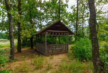 Fototapeta na wymiar The wooden gazebo for picnic rest in the green forest