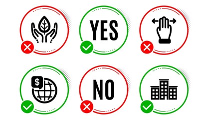 Fototapeta premium Multitasking gesture, World money and Fair trade icons simple set. Yes no check box. Company sign. Swipe, Global markets, Safe nature. Building. Business set. Multitasking gesture icon. Vector
