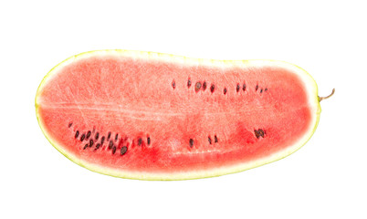 Long oblong sliced watermelon on a white background, isolate, hybrid