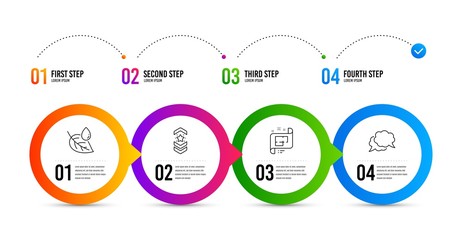 Shoulder strap, Architectural plan and Leaf dew line icons set. Timeline infographic. Chat message sign. Star rank, Technical project, Water drop. Speech bubble. Business set. Vector
