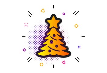 New year spruce sign. Halftone circles pattern. Christmas tree present icon. Fir-tree symbol. Classic flat christmas tree icon. Vector