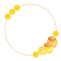 Watercolor apiculture round frame. Hand drawn jars of honey and honeycombs isolated on white background. Template for food packaging, menu decoration, product design.