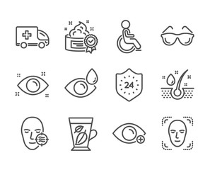 Set of Medical icons, such as Health eye, Problem skin, Eyeglasses, Face detection, Disabled, Mint leaves, Ambulance emergency, Farsightedness, Eye drops, Serum oil, 24 hours, Cream. Vector