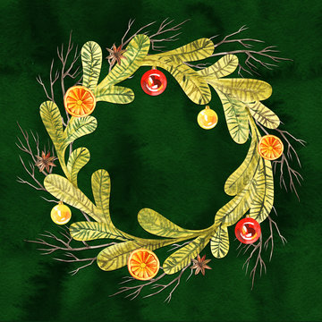 New year wreath - fir tree. Watercolor illustration, greeting card
