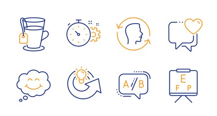 Fototapeta premium Tea, Cogwheel timer and Smile line icons set. Heart, Face id and Share idea signs. Ab testing, Vision board symbols. Glass mug, Engineering tool. Business set. Line tea icon. Vector