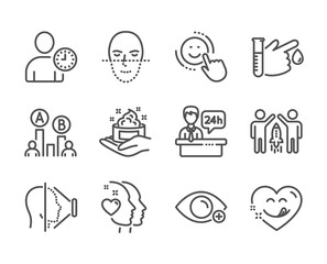Set of People icons, such as Yummy smile, Face recognition, Skin care, Face id, Partnership, Smile, Farsightedness, Heart, Time management, Ab testing, Reception desk, Blood donation. Vector