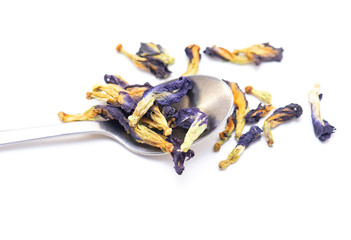 Dry Butterfly pea Tea, blue Tea, asian, clitoria are ternate, Thailand isolated on white Background