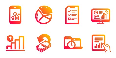 Cashback, Time management and Smartphone statistics line icons set. Pie chart, Graph chart and Interview signs. Analytics graph, Document symbols. Financial transfer, Laptop device. Vector