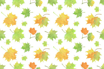 Fototapeta premium watercolor green and yellowish autumn maple leaves, repeat pattern, seasonal illustration, symbol of autumn