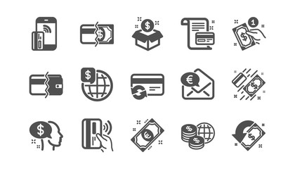 Money payment icons. Bank transfer, Piggy bank and Credit card. Cash classic icon set. Quality set. Vector