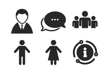 Group of people symbol. Chat, info sign. Businessman person icon. Man and Woman signs. Classic style speech bubble icon. Vector