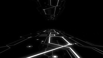 High speed track with binary code connections glowing in dark space.