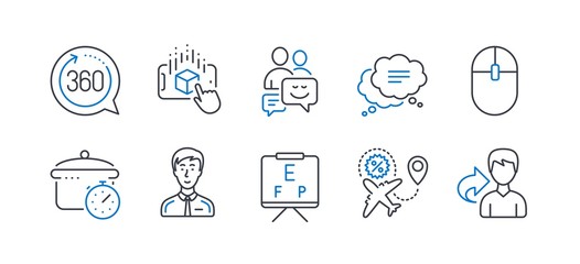 Obraz premium Set of Business icons, such as Vision board, Text message, Boiling pan, Flight sale, Augmented reality, Computer mouse, Businessman person, 360 degrees, Communication, Share line icons. Vector