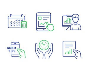 Safe time, Internet report and Education line icons set. Calendar, Presentation board and Document signs. Management, Web tutorial, Quick tips. Calculator device. Education set. Vector