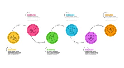 Love mail, Hold heart and One love signs. Infographics timeline. Update relationships, Be sweet and Dating line icons set. Valentines letter, Sweet heart. Love set. Layout timeline. Vector