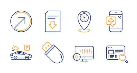 Usb stick, Medical phone and Parking security line icons set. Download file, Timer and Seo signs. Direction, Website search symbols. Memory flash, Mobile medicine. Technology set. Vector