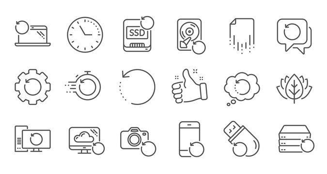 Recovery line icons. Backup, Restore data and recover file. Laptop renew, drive repair and phone recovery icons. Linear set. Quality line set. Vector