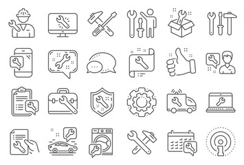 Repair car service line icons. Set of Hammer, Screwdriver and Spanner tool icons. Recovery, Washing machine repair, Car service. Engineer tool, Tech support. Spanner equipment, screwdriver. Vector