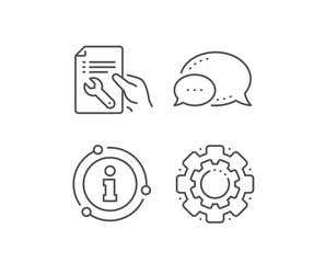 Spanner tool line icon. Chat bubble, info sign elements. Repair service document sign. Fix instruments symbol. Linear repair document outline icon. Information bubble. Vector