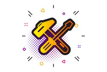 Repair service sign. Halftone circles pattern. Hammer and screwdriver icon. Fix instruments symbol. Classic flat hammer tool icon. Vector