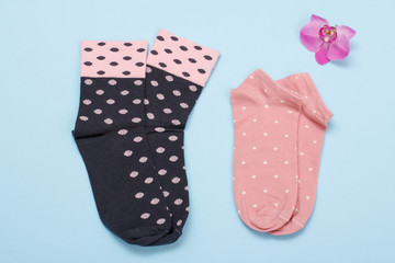 Two pair of women socks on blue background.
