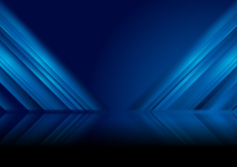 Deep blue smooth glowing stripes tech abstract background with reflection. Geometric futuristic concept vector design