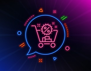 Shopping cart line icon. Neon laser lights. Sale discounts sign. Clearance symbol. Glow laser speech bubble. Neon lights chat bubble. Banner badge with shopping cart icon. Vector