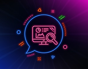 Seo statistics line icon. Neon laser lights. Search engine sign. Analytics chart symbol. Glow laser speech bubble. Neon lights chat bubble. Banner badge with seo analytics icon. Vector