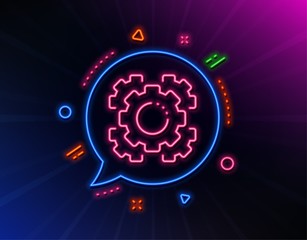 Seo gears line icon. Neon laser lights. Settings cogwheel sign. Traffic management symbol. Glow laser speech bubble. Neon lights chat bubble. Banner badge with seo gear icon. Vector