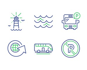 Bus tour, Lighthouse and Bus parking line icons set. World globe, Waves and No parking signs. Transport, Navigation beacon, Public park. Around the world. Transportation set. Vector