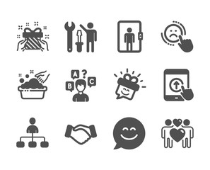 Set of People icons, such as Handshake, Smile chat, Gift, Love couple, Dislike, Management, Elevator, Repairman, Hand washing, Quiz test, Smile, Swipe up classic icons. Deal hand, Happy face. Vector