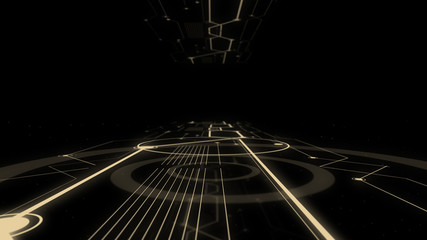 Abstract guitar contours beaming on a dark background.