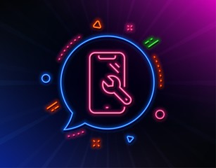Smartphone repair line icon. Neon laser lights. Phone recovery sign. Mobile device symbol. Glow laser speech bubble. Neon lights chat bubble. Banner badge with smartphone repair icon. Vector