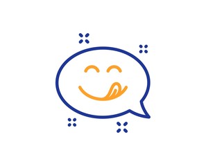 Emoticon with tongue sign. Yummy smile line icon. Speech bubble symbol. Colorful outline concept. Blue and orange thin line yummy smile icon. Vector