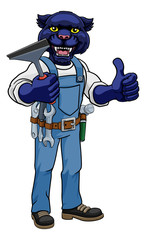 A panther cartoon mascot car or window cleaner holding a squeegee tool and giving a thumbs up